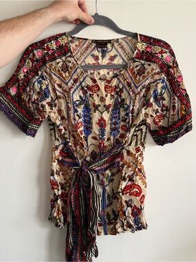 Vineet Bahl Silk Blend Printed Wrap Tie Blouse Top XS Boho